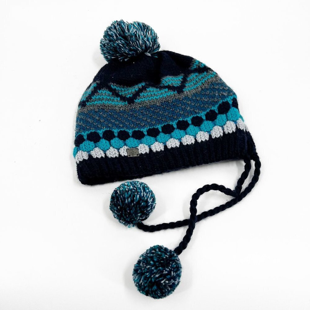 ✅ SMARTWOOL WOOL‎ BLEND BEANIE NAVY/TEAL/GREY WITH POM POMS